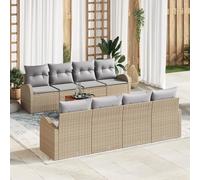HEFZGDB Set divano da giardino da 9 pezzi con cuscini beige in polyrattan, mobili da esterno per terrazza e balcone con tavolo quadrato, set di sedute resistenti alle intemperie per conversazioni