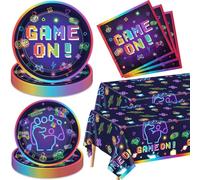 Hegbolke Decorazioni di compleanno per videogiochi, 40-122 pezzi, piatti, tovaglioli, tovaglia, forchette, set per ragazzi, controller di gioco, forniture per feste