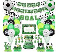 Hegbolke Decorazioni per feste di calcio - Inclusi festoni di elementi di calcio, centrotavola, cartello appeso con nome fai-da-te, cake topper, palloncini, striscione per il compleanno del calcio