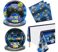 Hegbolke Video Game Party Supplies Servono 20-61Pcs Piatti Tovaglioli Tovaglia per i ragazzi Gamer Gaming Controller Party Supplies