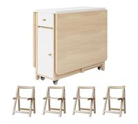 HEGGMKK Tavolo Da Pranzo Pieghevole Espandibile, Dimensioni: 1,2/1,5 M, Sedile Da Pranzo in Legno Massello: 2-4 Pezzi, Altezza 74 Cm, Larghezza 80 Cm, Ruota Universale A 360°,1.5m+4Chair,C