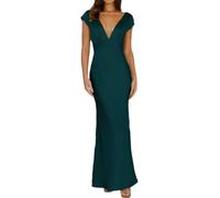 Hehangan Abito estivo in raso, con scollo a V e maniche corte, da donna, con scollo a V, maxi lunghezza, abito elegante con design twist e cut-out, ideale come abito ospite nuziale, verde scuro, L