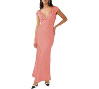 Hehangan Abito estivo in raso, con scollo a V e maniche corte, da donna, con scollo a V, maxi lunghezza, abito elegante con design twist e cut-out, ideale come abito ospite nuziale, Rosa, XL