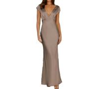 Hehangan Abito estivo in raso, con scollo a V e maniche corte, da donna, con scollo a V, maxi lunghezza, abito elegante con design twist e cut-out, ideale come abito ospite nuziale, marrone, S