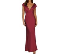 Hehangan Abito estivo in raso, con scollo a V e maniche corte, da donna, con scollo a V, maxi lunghezza, abito elegante con design twist e cut-out, ideale come abito ospite nuziale, bordeaux, S