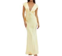 Hehangan Abito estivo in raso, con scollo a V e maniche corte, da donna, con scollo a V, maxi lunghezza, abito elegante con design twist e cut-out, ideale come abito ospite nuziale, giallo., L