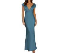 Hehangan Abito estivo in raso, con scollo a V e maniche corte, da donna, con scollo a V, maxi lunghezza, abito elegante con design twist e cut-out, ideale come abito ospite nuziale, blu scuro, XL