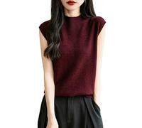 Hehangan Maglione da donna, 100% lana merino, primavera, autunno, inverno, prima linea pronta da indossare, collo alto, senza cuciture, a maglia, senza maniche, Rosso scuro, XL