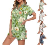 hehiy Pigiama Donna Estivo Maniche Corte a Due Pezzi Corta Top con Bottoni e Pantaloncini da Casa Casual Set Donna Estivo Nero/Bianco/Grigio/Blu Scuro