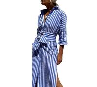Hehuo Classic Striped Lace-Up Shirt Dress 3/4 Sleeve Button Down Maxi Cotton Long V Neck for Women Shirt Dresses (XXL,Blue)