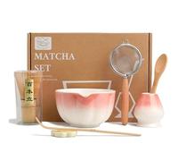 HEI MING Kit Matcha Premium 7 pezzi - Esclusivo set per Cerimonia del tè con Chasen in Bambù, Ciotola in Ceramica Rosa, Cucchiaio e Accessori