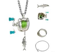 HEIBTENY Collana con ciondolo a forma di mulinello da pesca, in lega, con catena regolabile da 60 cm, per pescatori, compleanni, anniversari, vacanze, compatto e leggero (collana + anello)