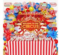Heidaman Set di 180 decorazioni per feste a circo, set di decorazioni per feste di compleanno a circo, include striscioni con bandierine da circo, sfondo, topper per torte, stoviglie, tovaglia per