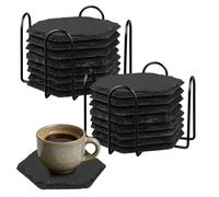 HEIHAK 16 sottobicchieri esagonali in ardesia con supporto, tovagliette in ardesia da 10 cm con cuscinetti di fissaggio inferiori, sottobicchieri multiuso in pietra nera per bar, cucina, hotel