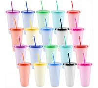 HEIHAK Confezione da 20 bicchieri in plastica colorata da 680 ml, con coperchio e cannucce, bicchieri che cambiano colore, riutilizzabili, per feste, negozi di tè al latte, uso quotidiano con acqua