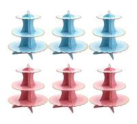 HEIHAK Confezione da 6 supporti per cupcake a 3 ripiani, in cartone, rosa e blu, forma rotonda, per tè pomeridiano, compleanno e matrimonio