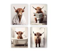 heilkee Divertente decorazione da parete per il bagno con mucca delle Highland e animali marrone nella vasca da bagno, stampa rustica in stile rustico, decorazione per il bagno, set da 4 pezzi (senza