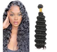Heiowuio Brazilian Remy Hair Bundles Human Hair Extension 1b Natural Black Color Deep Wave Unprocessed Capelli Umani Tissage Brazilianne Real Human Hair 100g/Bundles 16 Inch