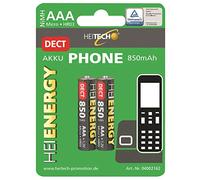 Heitech, confezione da 2 batterie NIMH precaricate Micro/AAA/HR 03, 850 mAh, 1,2 V, NiMH, per telefono cordless DECT con bassa autoscarica, batterie per dispositivi ad alto consumo energetico