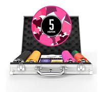 HEITOK Fiches da poker con denominazioni, 200 fiches da casinò ponderate da 11,5 g, 5 dadi, 2 mazzi con custodia compatta in alluminio per Texas Hold'em, Blackjack