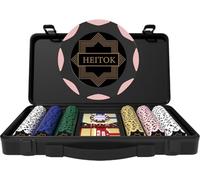 HEITOK Set di Fiches da Poker in Argilla, 300 Pezzi di Alta Qualità da 14 Grammi con Custodia Premium Resistente per Texas Holdem, Blackjack Gioco d'Azzardo