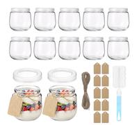 Hejo 12 Pezzi 200ml Riutilizzabili Barattoli Vetro per Yogurt con Coperchio | 7oz Vasetti Vetro Piccoli con Lacci e Spazzola, Portatile Vasetti per Yogurt, Marmellata, Miele, Spezia (Ellipse)