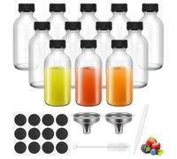 Hejo 12 Pezzi Bottigliette di Vetro Piccole con Coperchio,60 ML Barattoli Vetro con Imbuto e Spazzole,Mini Vasetti Stretta,Boccette Riutilizzabile per Shot di Succo di Zenzero(Coperchio Nero)