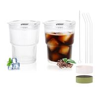 Hejo 2 Pezzi 400ml Bicchiere Vetro con Coperchio e Cannuccia, Bicchiere di Vetro con Spazzolino e Manicotto, Trasparente Bicchiere con Cannuccia per Frullati, Caffè, Tè al Latte, Succhi di Frutta