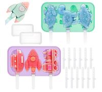 Hejo 2 Pezzi Stampi per Ghiaccioli, Stampi Ghiaccioli Silicone, Stampi Riutilizzabili per Cake Pop, Forme di Veicoli Dinosauro con 18 Bastoncini per la Casa all'aperto (Viola ＆ Verde)