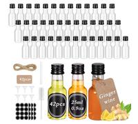 Hejo 42 Pezzi Mini Bottiglie Alcolici in Plastica, 25ml bottiglie di plastica con tappo Imbuti e Etichette, Bottiglie Vuote Riutilizzabili e Ricaricabili per Succo, Formato da Viaggio, Bomboniere