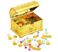 Hejo Oro Scrigno del Tesoro,Baule Portagiochi Bambini con 20 Monete D'oro e 100 Gemme Finte,Scatola con Lucchetto Bambino,Salvadanaio con Chiave per Feste Pirata,Decorazioni,Caccia al Tesoro