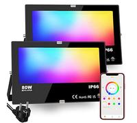 HEKEE LED Faretto Esterno 80W, Cambio Colore Rgbw, 16 Milioni Colori, Timer, bianco caldo 2700K, Proiettori per Esterni Impermeabile Ip66 (confezione da 2)