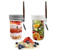 HEKOBAG 2 Pezzi Porta Yogurt con Contenitore 600ml Porta Yogurt e Cereali Vetro Overnight Oats Jar con Cucchiaio Overnight Oats Contenitore per Yogurt, Avena, Insalate, Cereali(Grigio, Bianco)