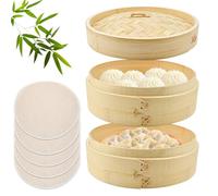 HEKOBAG 2 Pezzi Vaporiera in Bambù, Ø 21cm, Cottura a Vapore Cestello Bambù con Coperchio Cestello Bamboo Cottura a Vapore con 5 Panni per la Cottura a Vapore per Riso, Pesce, Carne, Verdure, Snack