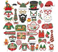 HEKOBAG 45 Pezzi Photo Booth Natale Cappello di Babbo Natale/Occhiali/Labbra Rosse Photo Booth Natalizio con 45 Bastoncini, 45 Adesivi per la Fotografia di Feste di Natale Compleanno