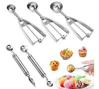 HEKOBAG 5 Pezzi Cucchiaio per Gelato Porzionatori da Gelato in Acciaio Inox Porzionatore Gelato Grande Dosatore Gelato con Grilletto per Biscotti, Torte Impasto, Melone, Frutta (3 Misure 4/5/6 cm)