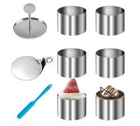 HEKOBAG 6 Pezzi Coppapasta Tondo Acciaio Inossidabile Anelli per Torte 7.5cm Anelli in Acciaio per Pasticceria Cerchio per Dolci con Coperchio Pressa e Base per Mousse/Onigiri/Biscotti, 7.5x5.5cm