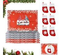 HEKOBAG 6 Tovagliette Natalizie Rettangolare 29x43cm Tovaglietta Colazione Natalizia Lavabili Tovagliette Sottopiatto Natalizie Resistenti con 6 Portaposate Natalizi a Forma di Calzino (Rosso, Grigio)