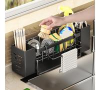 HEKOBAG Portaspugne per Lavello Organizzatore Lavandino in Acciaio Carbonio, con Portasciugamani e vaschetta di drenaggio, per Straccio, Detergente