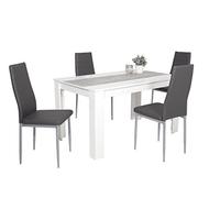 Hela Tische, Lilo Set da pranzo da 5 pezzi, in materiale a base di legno bianco/cemento, da 140 x 80 cm, con 4 sedie da pranzo in similpelle grigia, struttura in metallo di colore alluminio