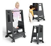 Helangel Torre didattica Montessori 3 in 1 con lavagna - Torre ausiliaria da cucina regolabile con barra di sicurezza, scaletta in legno naturale per bambini dai 18 mesi in su (capacità 80 kg)