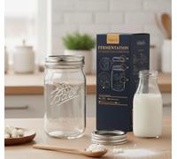 HeldenPilz® Set di base per kefir al latte, include bicchiere Mason Ball da 950 ml, pesino in vetro, colino da cucina, coperchio in acciaio inox e vera cultura di kefir del latte, set di fermentazione