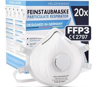 HELDENWERK® FFP3 Maschera con valvola - Confezione da 5, 10 o 20 pezzi - Maschera protettiva/antipolvere con valvola di espirazione certificata - Mascherine antipolvere con fascia posteriore
