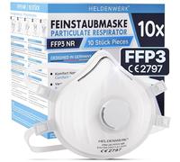HELDENWERK® FFP3 Maschera con valvola - Confezione da 5, 10 o 20 pezzi - Maschera protettiva/antipolvere con valvola di espirazione certificata - Mascherine antipolvere con fascia posteriore