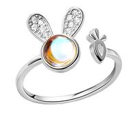 Helen de Lete Anello regolabile in argento Sterling S925 con coniglio e pietra di luna con carota, Argento sterling, Pietra di luna