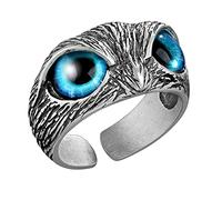 Helen de Lete Anello regolabile in argento Sterling S925 con gufo con occhi blu, vintage, per uomo e donna