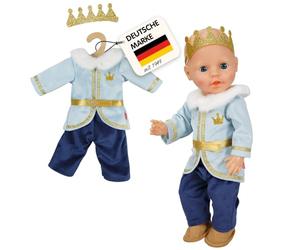 Heless 1685 - Abito per Bambole Principe Luka in Blu e Oro, con Corona e Collare in Peluche, per Bambole di Taglia 28-35 cm