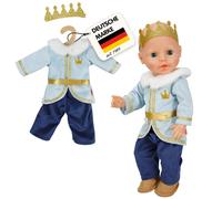 Heless 1685 - Vestito per bambole Principe Luka in blu e oro, con corona e colletto in peluche, per bambole da 28 a 35 cm