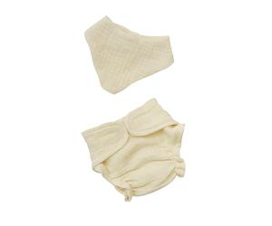 Heless 420 - Vestiti per Bambole in 100% Cotone Biologico, Set di 2 Pezzi con Pannolino e Bavaglino in Ecru per Bambole e Peluche di Dimensioni 35-45 cm