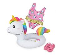 Heless 66 - Set da Nuoto per Bambole, 3 Pezzi, Motivo: Unicorno Henri, Costume da Bagno, Zoccoli e Anello Galleggiante, Misura 35-45 cm, per Divertimento nelle Calde giornate estive, Colore: Rosa